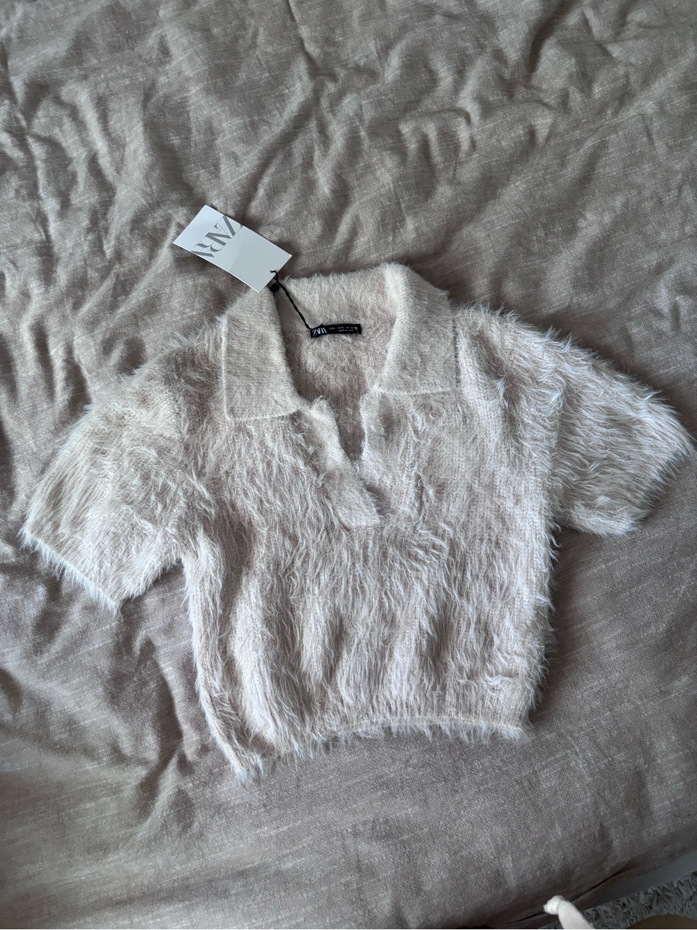 Zara Cream Fuzzy Short Sleeve Polo Top